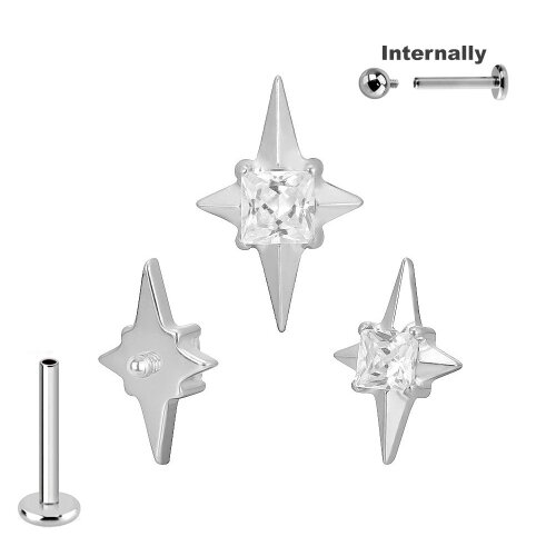 Titan Labret Innengewinde mit Zacken Stern und eckigem Kristall Aufsatz in Silber