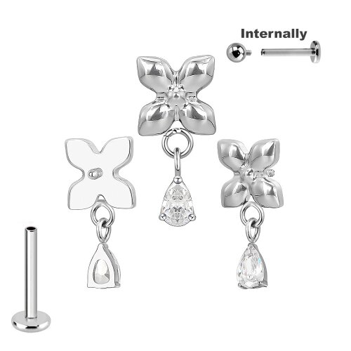 Titan Labret Innengewinde Blume mit Tropfen Kristall Aufsatz in Silber