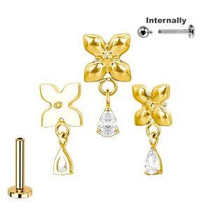 Titan Labret Innengewinde Blume mit Tropfen Kristall...