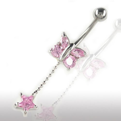 Schmetterling bauchnabelpiercing mit Stern Anhänger und rosa Kristallen
