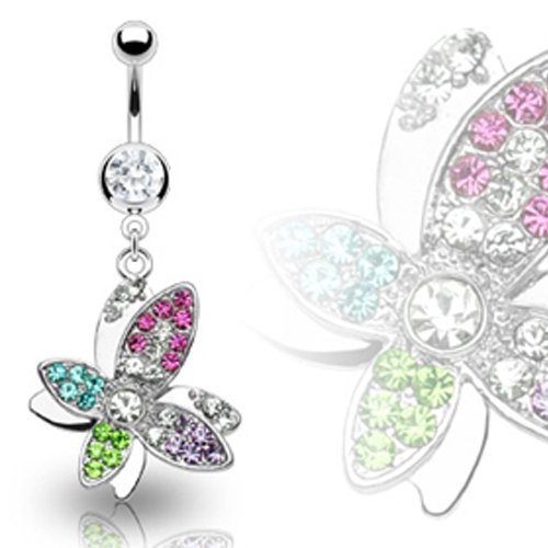 Doppel Schmetterling mit vielen bunten Kristallen Bauchnabel Piercing Schmuck