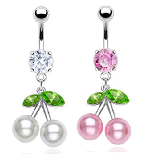 Bauchnabelpiering mit Kirschenanhänger mit Perlen in Weiß und Rosa